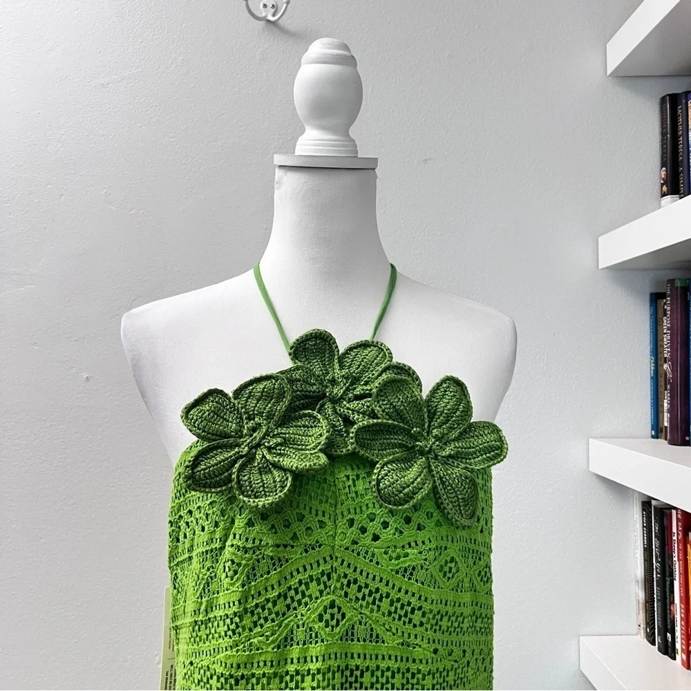 Farm Rio Halter Floral Ruffle NWT Crochet Mini Dress, Size XL - Picture 7 of 16